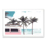 Pink Kombi By The Beach-The Paper Tree-beach,can,car,coast,coastal,combi,combi van,hamptons,kombi,kombie van,landscape,ocean,palm tree,palms,pink,premium art print,surf board,teal,van,wall art,Wall_Art,Wall_Art_Prints