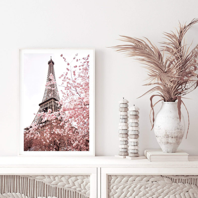 Paris in Spring-The Paper Tree-architecture,cherry blossom,cherry tree,city,eiffel tower,floral,flower,france,french,paris,peach,pink,portrait,premium art print,romantic,spring,view,wall art,Wall_Art,Wall_Art_Prints