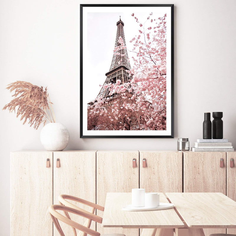 Paris in Spring-The Paper Tree-architecture,cherry blossom,cherry tree,city,eiffel tower,floral,flower,france,french,paris,peach,pink,portrait,premium art print,romantic,spring,view,wall art,Wall_Art,Wall_Art_Prints