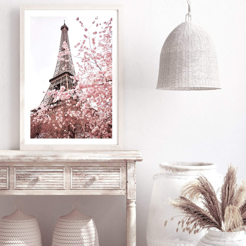 Paris in Spring-The Paper Tree-architecture,cherry blossom,cherry tree,city,eiffel tower,floral,flower,france,french,paris,peach,pink,portrait,premium art print,romantic,spring,view,wall art,Wall_Art,Wall_Art_Prints