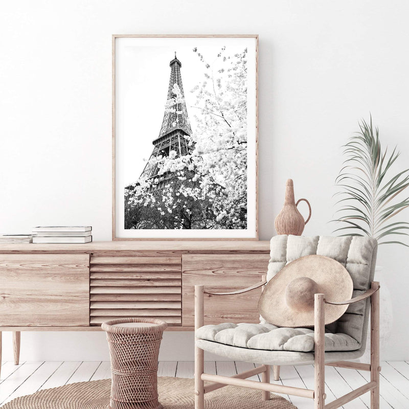 Paris in Spring II-The Paper Tree-architecture,black & white,BLACK AND WHITE,cherry blossom,cherry tree,city,eiffel tower,floral,flower,france,french,monochrome,paris,portrait,premium art print,romantic,spring,view,wall art,Wall_Art,Wall_Art_Prints