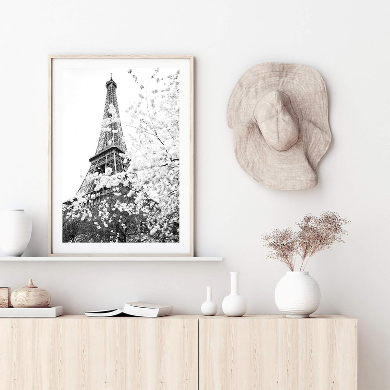 Paris in Spring II-The Paper Tree-architecture,black & white,BLACK AND WHITE,cherry blossom,cherry tree,city,eiffel tower,floral,flower,france,french,monochrome,paris,portrait,premium art print,romantic,spring,view,wall art,Wall_Art,Wall_Art_Prints