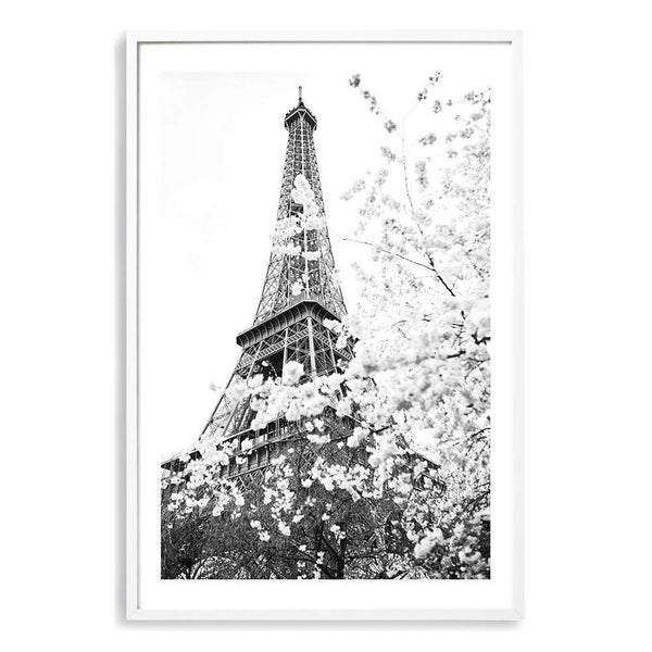 Paris in Spring II-The Paper Tree-architecture,black & white,BLACK AND WHITE,cherry blossom,cherry tree,city,eiffel tower,floral,flower,france,french,monochrome,paris,portrait,premium art print,romantic,spring,view,wall art,Wall_Art,Wall_Art_Prints