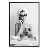 She Must Be French-The Paper Tree-black & white,boho,breakfast,croissant,dog,FASHION,feature female,female,france,french,monochrome,paris,portrait,premium art print,wall art,Wall_Art,Wall_Art_Prints,woman