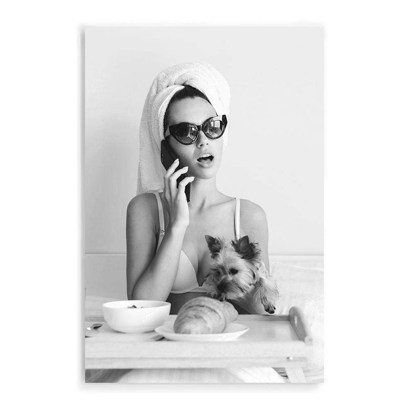 She Must Be French-The Paper Tree-black & white,boho,breakfast,croissant,dog,FASHION,feature female,female,france,french,monochrome,paris,portrait,premium art print,wall art,Wall_Art,Wall_Art_Prints,woman