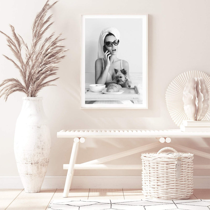 She Must Be French-The Paper Tree-black & white,boho,breakfast,croissant,dog,FASHION,feature female,female,france,french,monochrome,paris,portrait,premium art print,wall art,Wall_Art,Wall_Art_Prints,woman