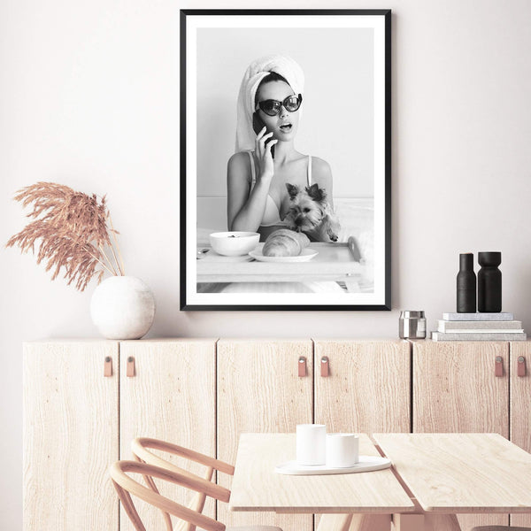 She Must Be French-The Paper Tree-black & white,boho,breakfast,croissant,dog,FASHION,feature female,female,france,french,monochrome,paris,portrait,premium art print,wall art,Wall_Art,Wall_Art_Prints,woman