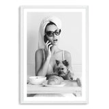 She Must Be French-The Paper Tree-black & white,boho,breakfast,croissant,dog,FASHION,feature female,female,france,french,monochrome,paris,portrait,premium art print,wall art,Wall_Art,Wall_Art_Prints,woman