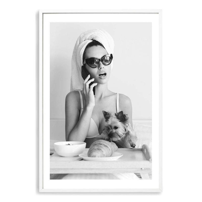 She Must Be French-The Paper Tree-black & white,boho,breakfast,croissant,dog,FASHION,feature female,female,france,french,monochrome,paris,portrait,premium art print,wall art,Wall_Art,Wall_Art_Prints,woman