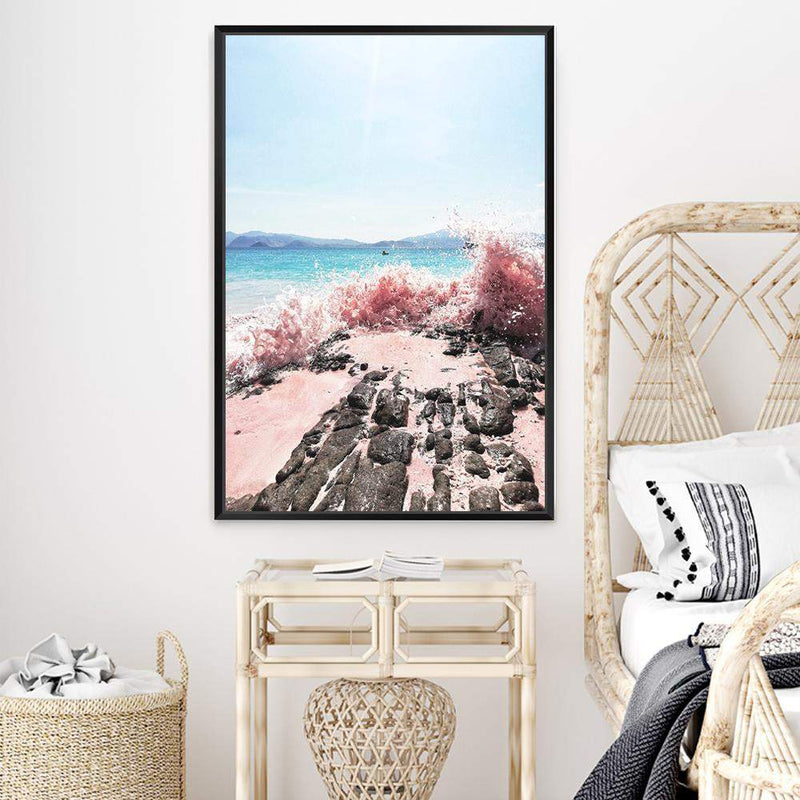 Pink Waves-The Paper Tree-beach,blue,coast,coastal,crashing waves,ocean,pink,pink beach,pink sand,pink waves,portrait,premium art print,rocks,sand,teal,wall art,Wall_Art,Wall_Art_Prints,water,waves