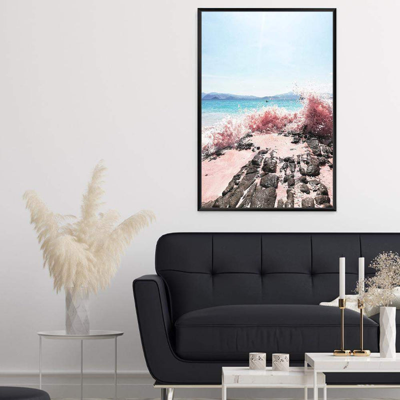 Pink Waves-The Paper Tree-beach,blue,coast,coastal,crashing waves,ocean,pink,pink beach,pink sand,pink waves,portrait,premium art print,rocks,sand,teal,wall art,Wall_Art,Wall_Art_Prints,water,waves