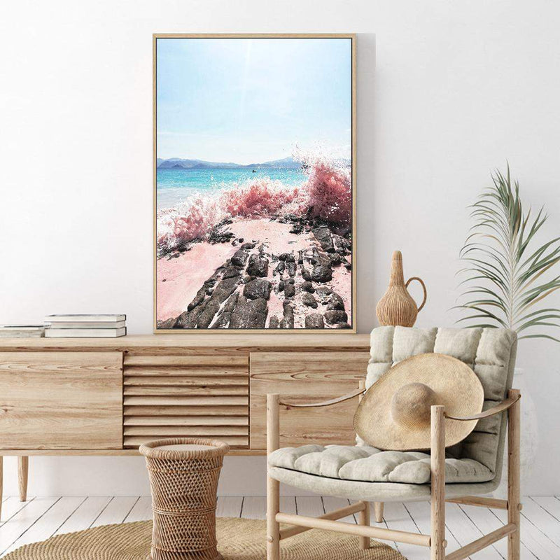 Pink Waves-The Paper Tree-beach,blue,coast,coastal,crashing waves,ocean,pink,pink beach,pink sand,pink waves,portrait,premium art print,rocks,sand,teal,wall art,Wall_Art,Wall_Art_Prints,water,waves