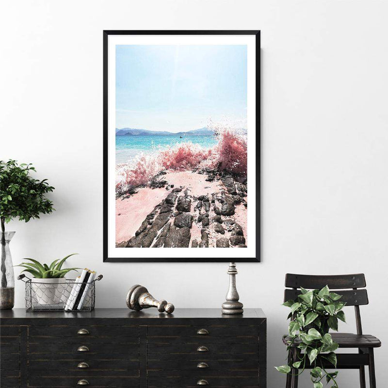 Pink Waves-The Paper Tree-beach,blue,coast,coastal,crashing waves,ocean,pink,pink beach,pink sand,pink waves,portrait,premium art print,rocks,sand,teal,wall art,Wall_Art,Wall_Art_Prints,water,waves