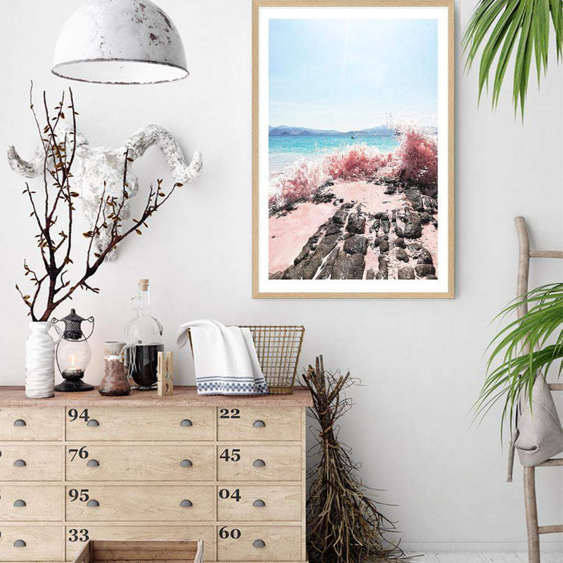 Pink Waves-The Paper Tree-beach,blue,coast,coastal,crashing waves,ocean,pink,pink beach,pink sand,pink waves,portrait,premium art print,rocks,sand,teal,wall art,Wall_Art,Wall_Art_Prints,water,waves