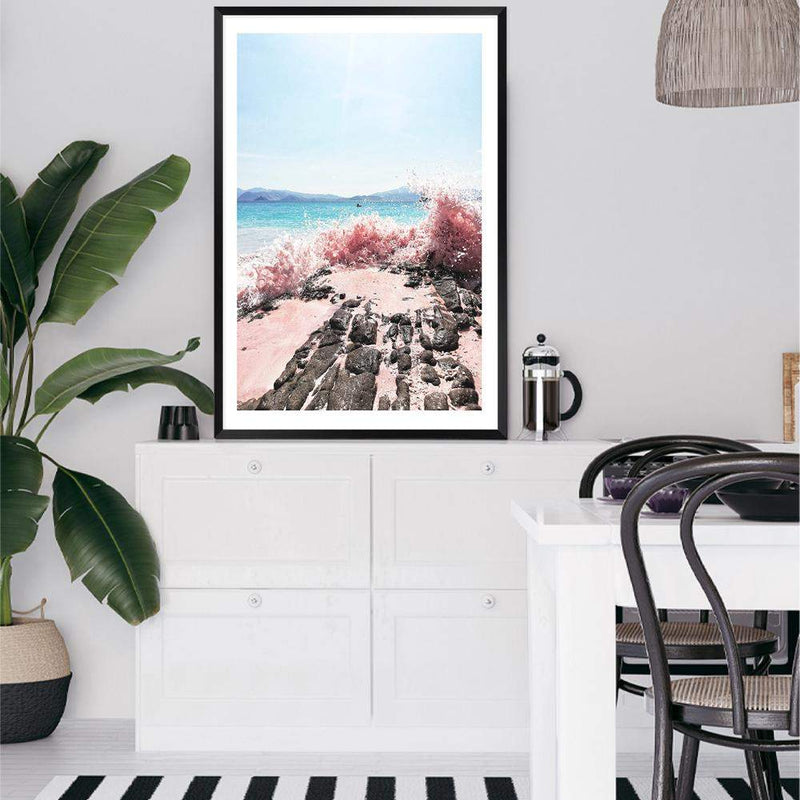 Pink Waves-The Paper Tree-beach,blue,coast,coastal,crashing waves,ocean,pink,pink beach,pink sand,pink waves,portrait,premium art print,rocks,sand,teal,wall art,Wall_Art,Wall_Art_Prints,water,waves