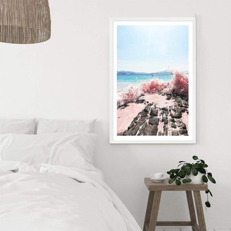 Pink Waves-The Paper Tree-beach,blue,coast,coastal,crashing waves,ocean,pink,pink beach,pink sand,pink waves,portrait,premium art print,rocks,sand,teal,wall art,Wall_Art,Wall_Art_Prints,water,waves