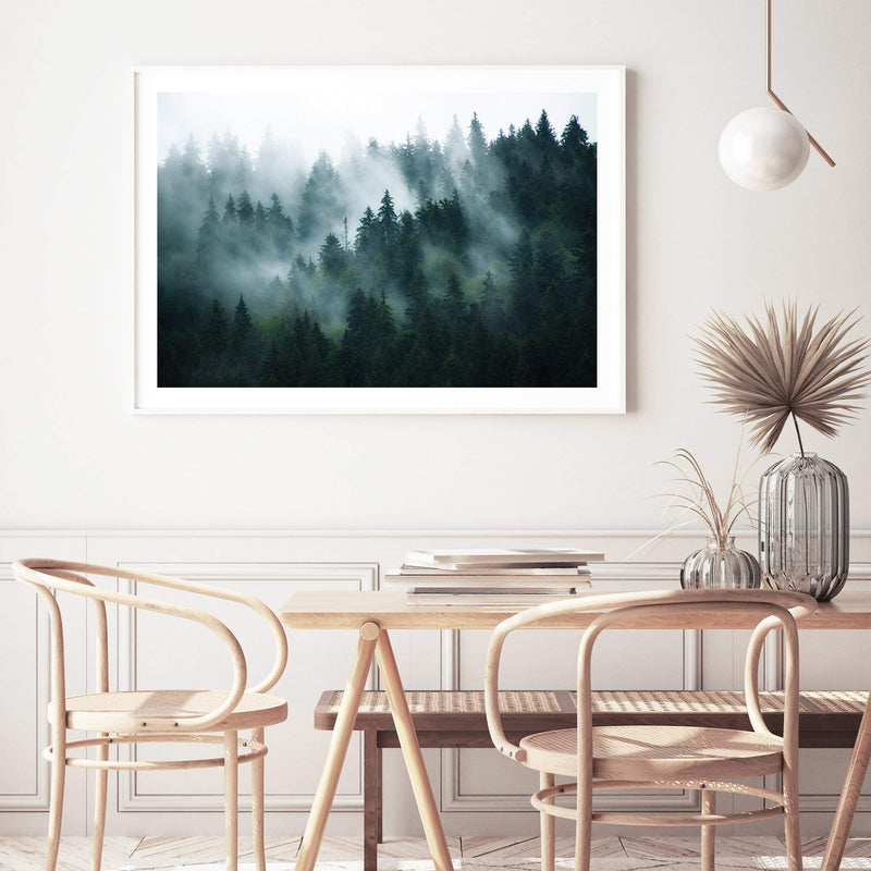 Misty Pine Forest Trees-The Paper Tree-america,australia,botanical,enchanting,forest,green,landscape,mist,mountains,nature,pine forest,pine trees,premium art print,tree,trees,wall art,Wall_Art,Wall_Art_Prints