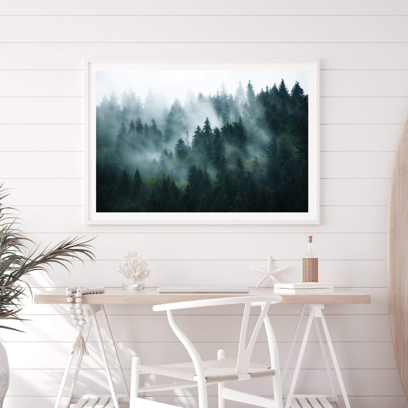 Misty Pine Forest Trees-The Paper Tree-america,australia,botanical,enchanting,forest,green,landscape,mist,mountains,nature,pine forest,pine trees,premium art print,tree,trees,wall art,Wall_Art,Wall_Art_Prints