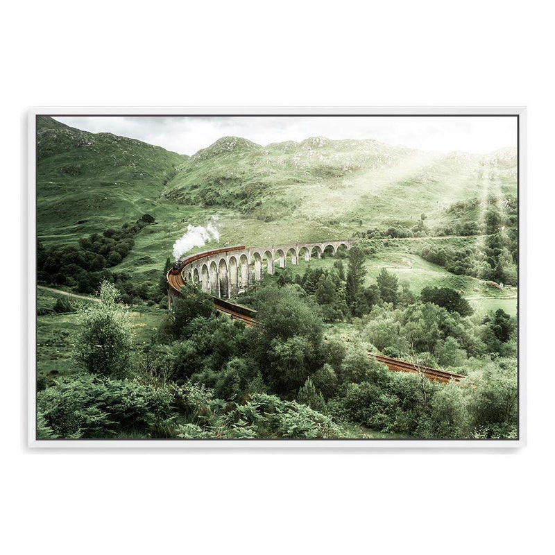 Steam Train On The Glenfinnan Viaduct-The Paper Tree-bridge,glenfinnan,grass,great brittan,green,harry potter,hills,hogwarts,hogwarts express,landscape,mountains,nature,premium art print,scotland,shrubs,steam train,sun light,train,train track,trees,wall art,Wall_Art,Wall_Art_Prints