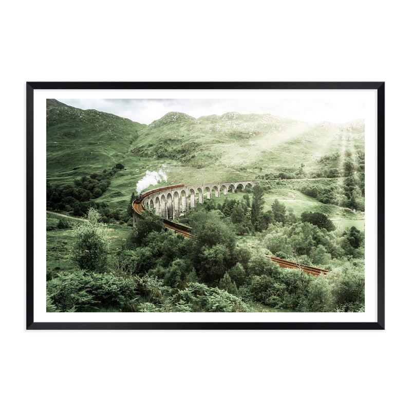 Steam Train On The Glenfinnan Viaduct-The Paper Tree-bridge,glenfinnan,grass,great brittan,green,harry potter,hills,hogwarts,hogwarts express,landscape,mountains,nature,premium art print,scotland,shrubs,steam train,sun light,train,train track,trees,wall art,Wall_Art,Wall_Art_Prints