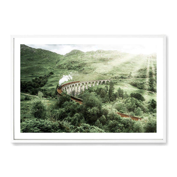 Steam Train On The Glenfinnan Viaduct-The Paper Tree-bridge,glenfinnan,grass,great brittan,green,harry potter,hills,hogwarts,hogwarts express,landscape,mountains,nature,premium art print,scotland,shrubs,steam train,sun light,train,train track,trees,wall art,Wall_Art,Wall_Art_Prints