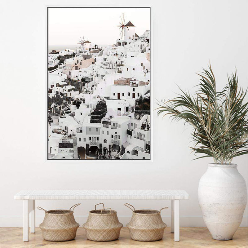 Oia Town In Santorini Greece-The Paper Tree-architecture,boho,buildings,city,europe,greece,greek,house,neutral,oia,portrait,premium art print,santorini,town,travel,villa,wall art,Wall_Art,Wall_Art_Prints,white