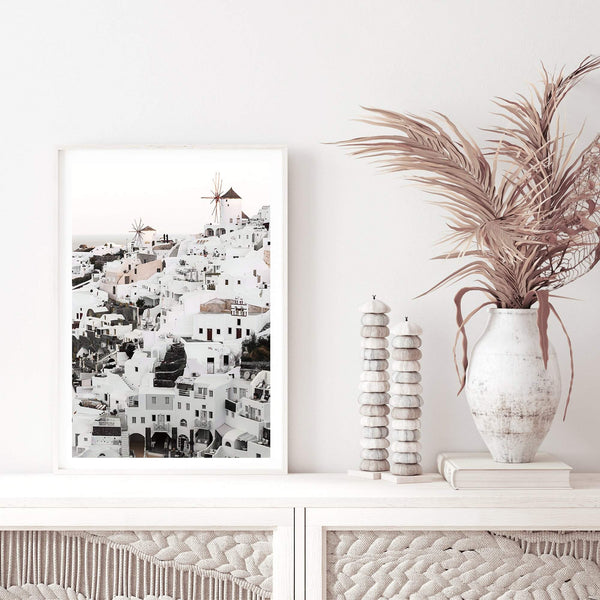 Oia Town In Santorini Greece-The Paper Tree-architecture,boho,buildings,city,europe,greece,greek,house,neutral,oia,portrait,premium art print,santorini,town,travel,villa,wall art,Wall_Art,Wall_Art_Prints,white