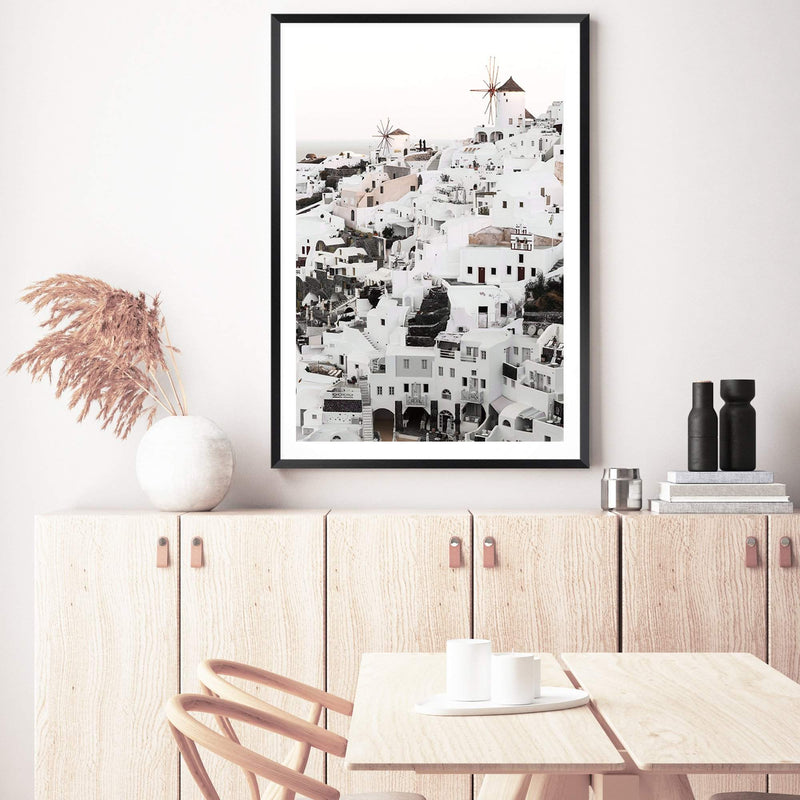 Oia Town In Santorini Greece-The Paper Tree-architecture,boho,buildings,city,europe,greece,greek,house,neutral,oia,portrait,premium art print,santorini,town,travel,villa,wall art,Wall_Art,Wall_Art_Prints,white