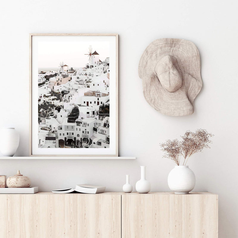 Oia Town In Santorini Greece-The Paper Tree-architecture,boho,buildings,city,europe,greece,greek,house,neutral,oia,portrait,premium art print,santorini,town,travel,villa,wall art,Wall_Art,Wall_Art_Prints,white