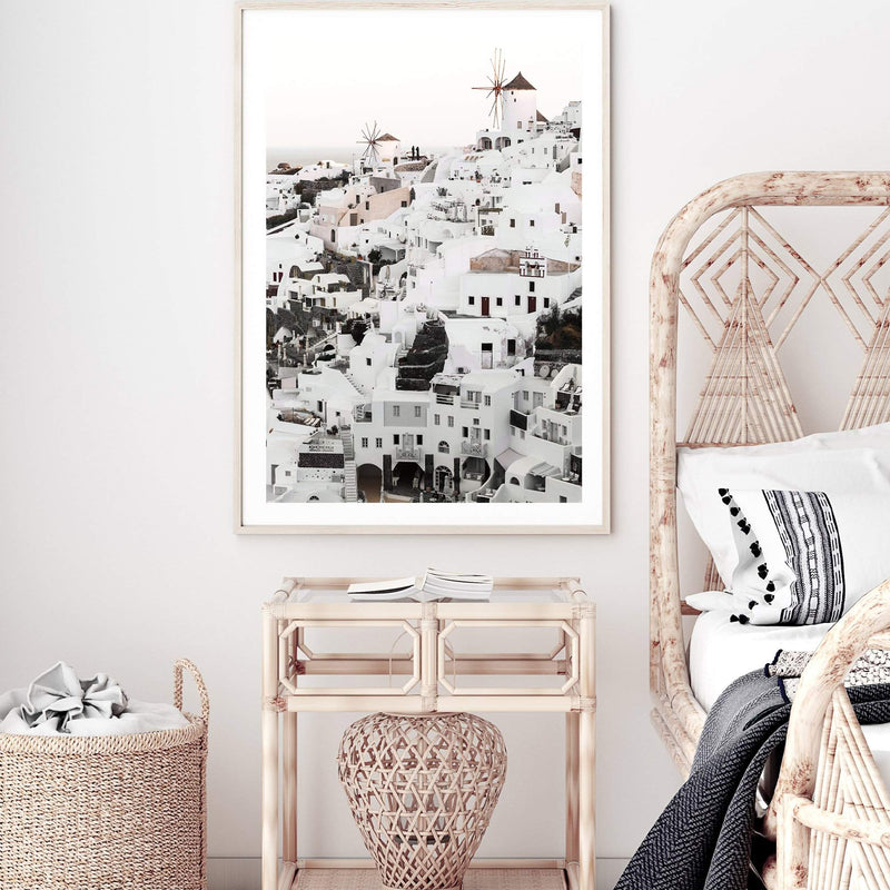 Oia Town In Santorini Greece-The Paper Tree-architecture,boho,buildings,city,europe,greece,greek,house,neutral,oia,portrait,premium art print,santorini,town,travel,villa,wall art,Wall_Art,Wall_Art_Prints,white