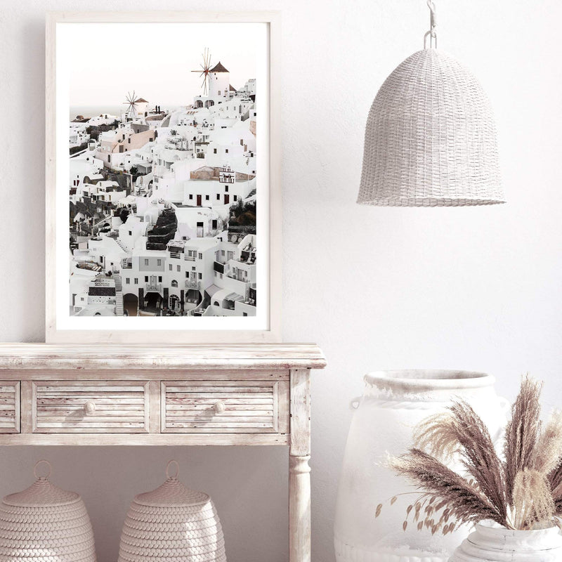 Oia Town In Santorini Greece-The Paper Tree-architecture,boho,buildings,city,europe,greece,greek,house,neutral,oia,portrait,premium art print,santorini,town,travel,villa,wall art,Wall_Art,Wall_Art_Prints,white