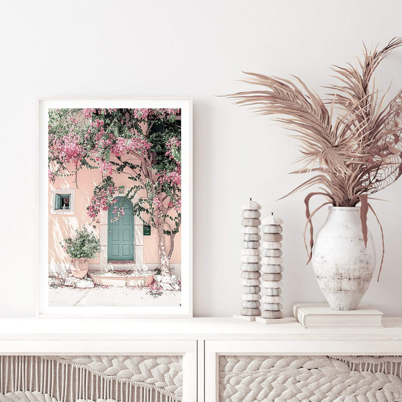 Greek Floral Villa-The Paper Tree-architecture,boho,botanical,building,door,fashion,floral,flower,geek villa,greece,greek,house,peach,pink,portrait,premium art print,villa,vines,wall art,Wall_Art,Wall_Art_Prints