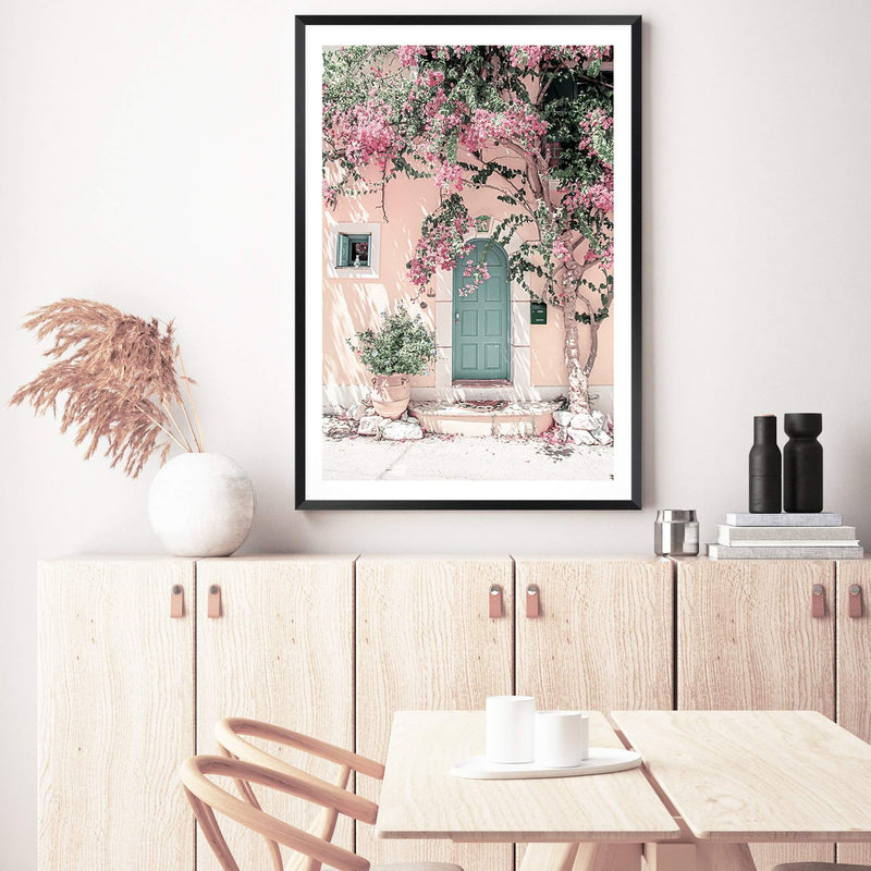 Greek Floral Villa-The Paper Tree-architecture,boho,botanical,building,door,fashion,floral,flower,geek villa,greece,greek,house,peach,pink,portrait,premium art print,villa,vines,wall art,Wall_Art,Wall_Art_Prints