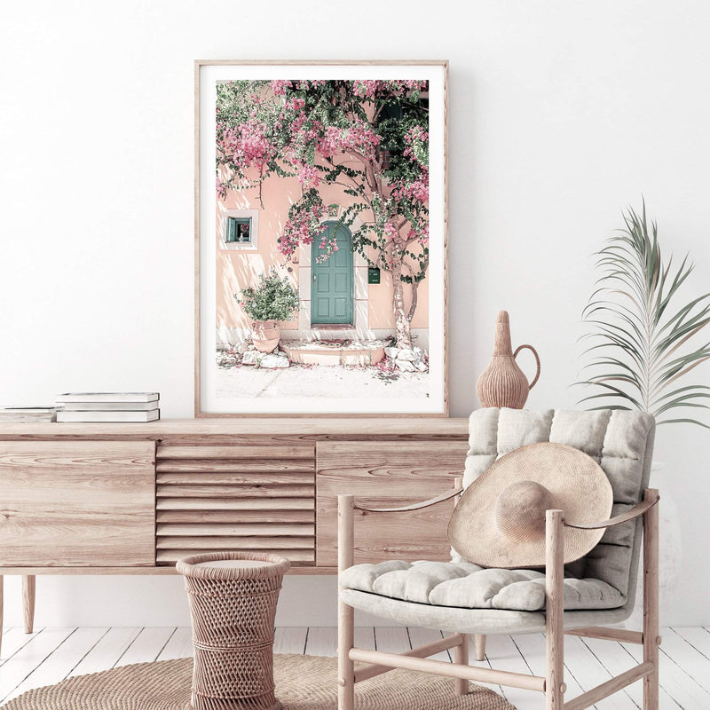 Greek Floral Villa-The Paper Tree-architecture,boho,botanical,building,door,fashion,floral,flower,geek villa,greece,greek,house,peach,pink,portrait,premium art print,villa,vines,wall art,Wall_Art,Wall_Art_Prints