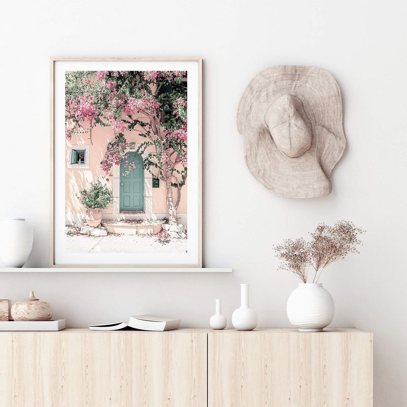 Greek Floral Villa-The Paper Tree-architecture,boho,botanical,building,door,fashion,floral,flower,geek villa,greece,greek,house,peach,pink,portrait,premium art print,villa,vines,wall art,Wall_Art,Wall_Art_Prints