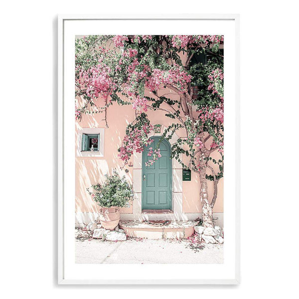 Greek Floral Villa-The Paper Tree-architecture,boho,botanical,building,door,fashion,floral,flower,geek villa,greece,greek,house,peach,pink,portrait,premium art print,villa,vines,wall art,Wall_Art,Wall_Art_Prints