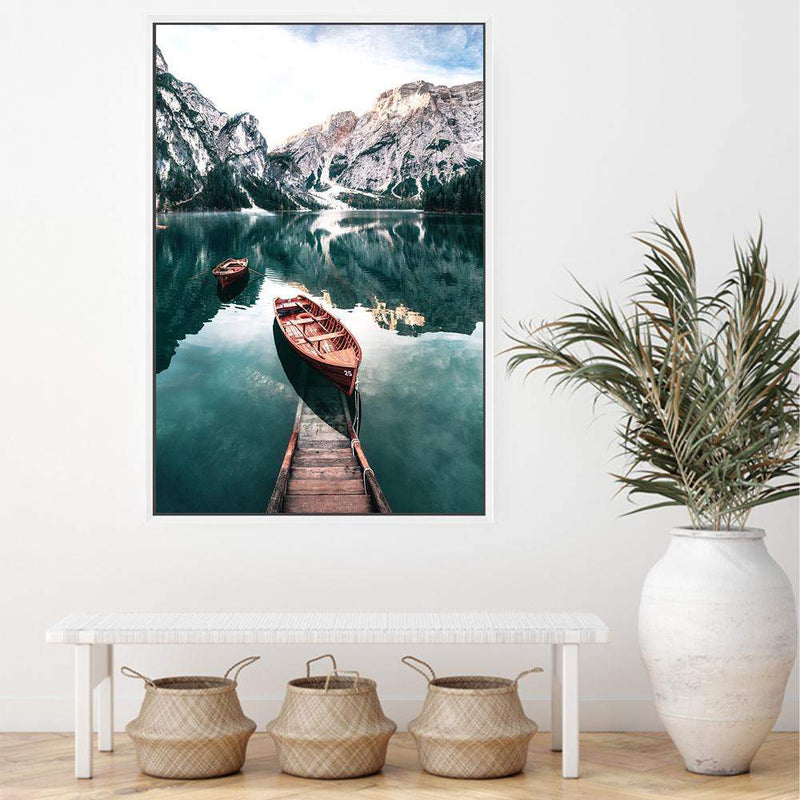 Boats In Braies Lake-The Paper Tree-boats,braies lake,clear water,dolomites,evironment,green,italy,jetty,lake,mountain,nature,pine forest,pine trees,portrait,premium art print,reflective,relection,scenery,TAN,teal,travel,wall art,Wall_Art,Wall_Art_Prints,water