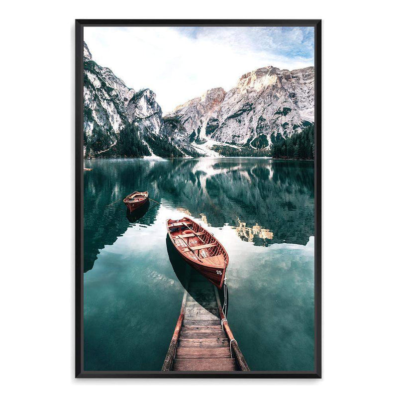 Boats In Braies Lake-The Paper Tree-boats,braies lake,clear water,dolomites,evironment,green,italy,jetty,lake,mountain,nature,pine forest,pine trees,portrait,premium art print,reflective,relection,scenery,TAN,teal,travel,wall art,Wall_Art,Wall_Art_Prints,water