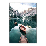 Boats In Braies Lake-The Paper Tree-boats,braies lake,clear water,dolomites,evironment,green,italy,jetty,lake,mountain,nature,pine forest,pine trees,portrait,premium art print,reflective,relection,scenery,TAN,teal,travel,wall art,Wall_Art,Wall_Art_Prints,water