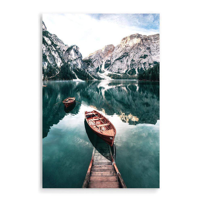 Boats In Braies Lake-The Paper Tree-boats,braies lake,clear water,dolomites,evironment,green,italy,jetty,lake,mountain,nature,pine forest,pine trees,portrait,premium art print,reflective,relection,scenery,TAN,teal,travel,wall art,Wall_Art,Wall_Art_Prints,water