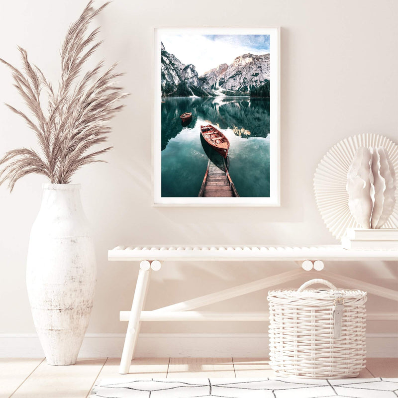 Boats In Braies Lake-The Paper Tree-boats,braies lake,clear water,dolomites,evironment,green,italy,jetty,lake,mountain,nature,pine forest,pine trees,portrait,premium art print,reflective,relection,scenery,TAN,teal,travel,wall art,Wall_Art,Wall_Art_Prints,water