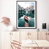 Boats In Braies Lake-The Paper Tree-boats,braies lake,clear water,dolomites,evironment,green,italy,jetty,lake,mountain,nature,pine forest,pine trees,portrait,premium art print,reflective,relection,scenery,TAN,teal,travel,wall art,Wall_Art,Wall_Art_Prints,water