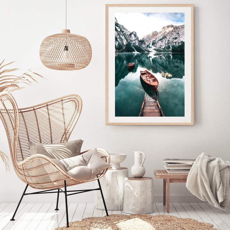 Boats In Braies Lake-The Paper Tree-boats,braies lake,clear water,dolomites,evironment,green,italy,jetty,lake,mountain,nature,pine forest,pine trees,portrait,premium art print,reflective,relection,scenery,TAN,teal,travel,wall art,Wall_Art,Wall_Art_Prints,water