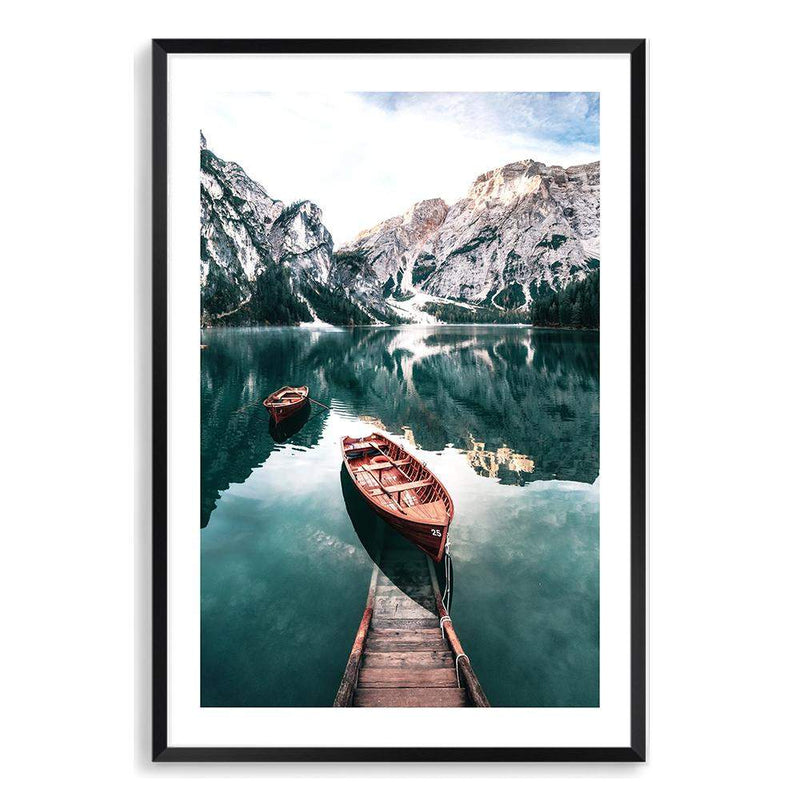 Boats In Braies Lake-The Paper Tree-boats,braies lake,clear water,dolomites,evironment,green,italy,jetty,lake,mountain,nature,pine forest,pine trees,portrait,premium art print,reflective,relection,scenery,TAN,teal,travel,wall art,Wall_Art,Wall_Art_Prints,water