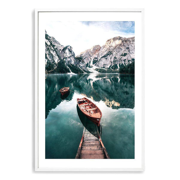 Boats In Braies Lake-The Paper Tree-boats,braies lake,clear water,dolomites,evironment,green,italy,jetty,lake,mountain,nature,pine forest,pine trees,portrait,premium art print,reflective,relection,scenery,TAN,teal,travel,wall art,Wall_Art,Wall_Art_Prints,water