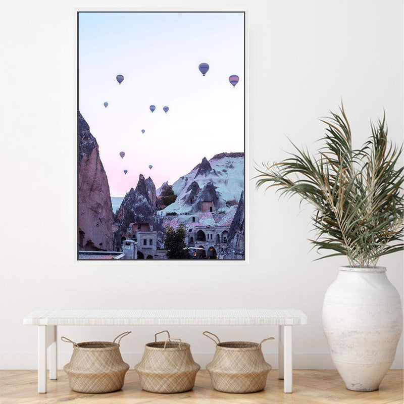 Balloons Over Cappadocia-The Paper Tree-architecture,balloons,cappodocia,city,destination,horizon,hot air balloons,mountains,pink,portrait,premium art print,purple,sunset,town,travel,turkey,villa,wall art,Wall_Art,Wall_Art_Prints