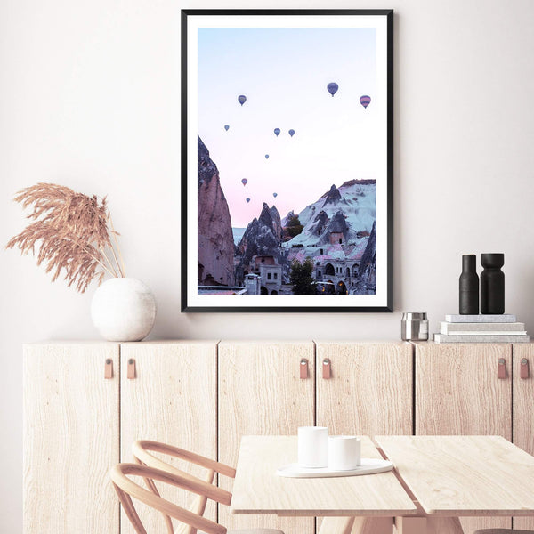 Balloons Over Cappadocia-The Paper Tree-architecture,balloons,cappodocia,city,destination,horizon,hot air balloons,mountains,pink,portrait,premium art print,purple,sunset,town,travel,turkey,villa,wall art,Wall_Art,Wall_Art_Prints