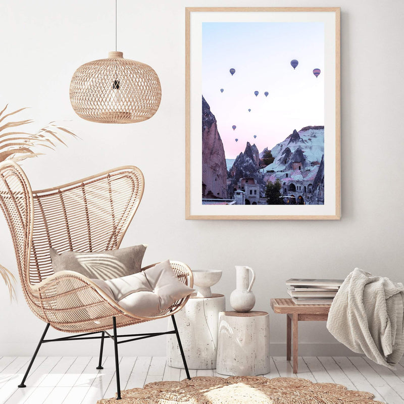 Balloons Over Cappadocia-The Paper Tree-architecture,balloons,cappodocia,city,destination,horizon,hot air balloons,mountains,pink,portrait,premium art print,purple,sunset,town,travel,turkey,villa,wall art,Wall_Art,Wall_Art_Prints