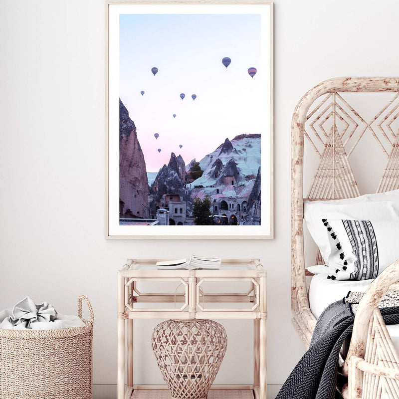 Balloons Over Cappadocia-The Paper Tree-architecture,balloons,cappodocia,city,destination,horizon,hot air balloons,mountains,pink,portrait,premium art print,purple,sunset,town,travel,turkey,villa,wall art,Wall_Art,Wall_Art_Prints