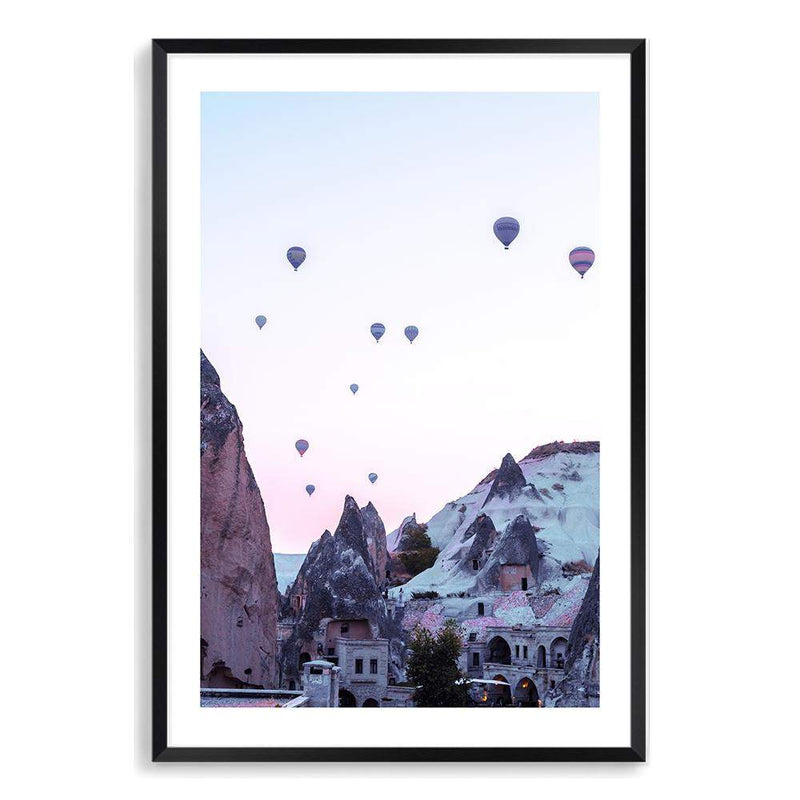 Balloons Over Cappadocia-The Paper Tree-architecture,balloons,cappodocia,city,destination,horizon,hot air balloons,mountains,pink,portrait,premium art print,purple,sunset,town,travel,turkey,villa,wall art,Wall_Art,Wall_Art_Prints